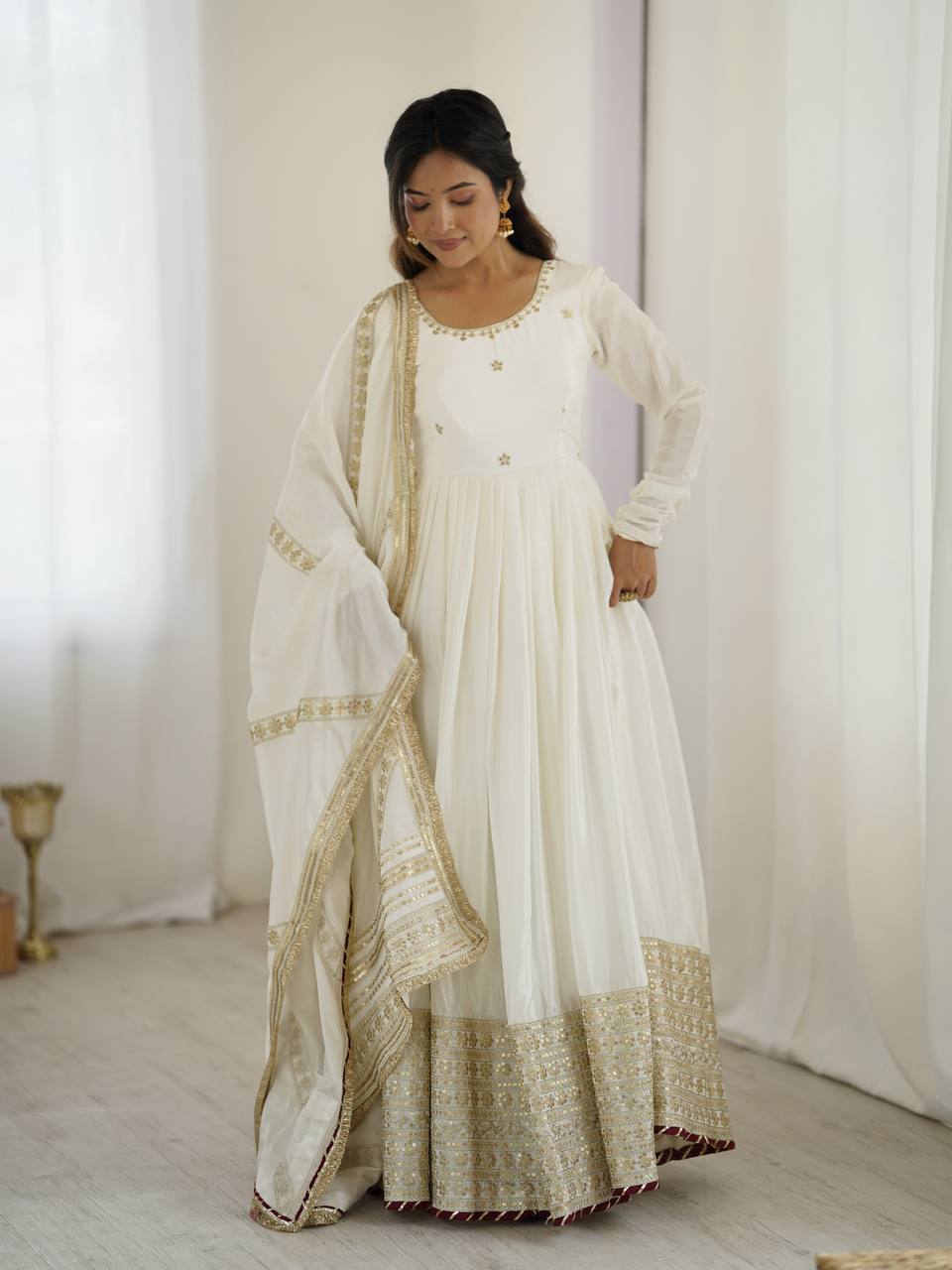 Function Wear Off White Soft Chinon Silk Beautiful Thread Embroidery With Sequin Work Designer Gown
