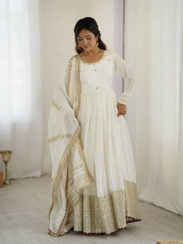 Function Wear Off White Soft Chinon Silk Beautiful Thread Embroidery With Sequin Work Designer Gown