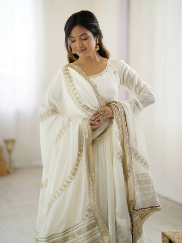 Function Wear Off White Soft Chinon Silk Beautiful Thread Embroidery With Sequin Work Designer Gown