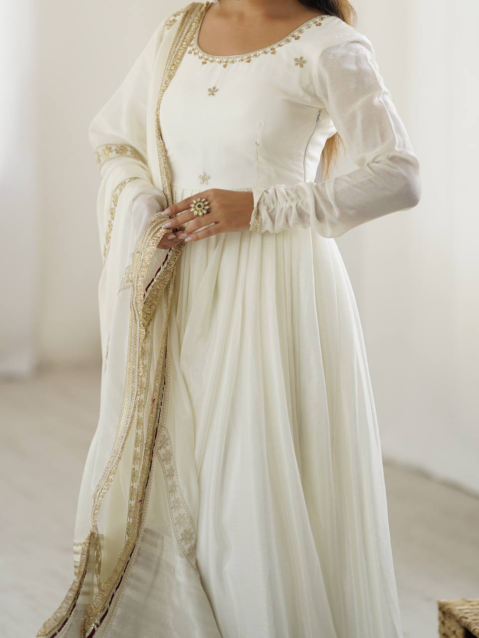 Function Wear Off White Soft Chinon Silk Beautiful Thread Embroidery With Sequin Work Designer Gown