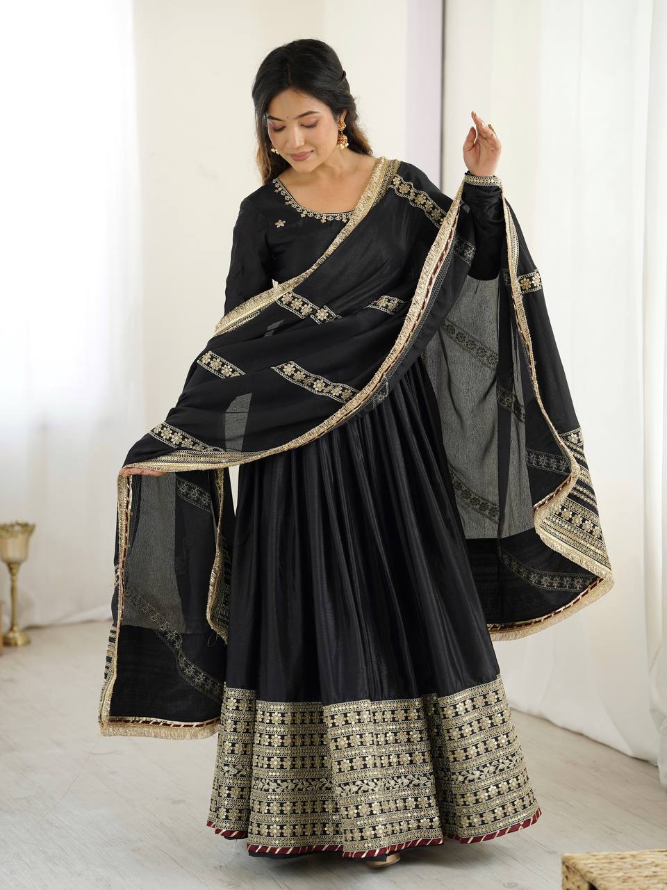 Function Wear Black Soft Chinon Silk Beautiful Thread Embroidery With Sequin Work Designer Gown