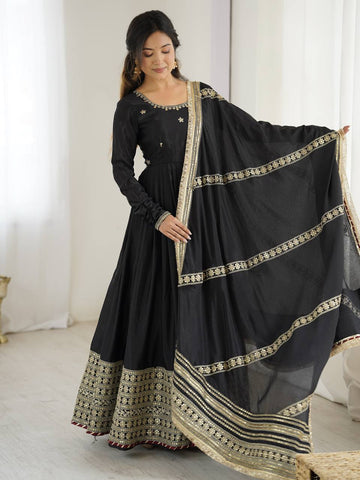 Function Wear Black Soft Chinon Silk Beautiful Thread Embroidery With Sequin Work Designer Gown