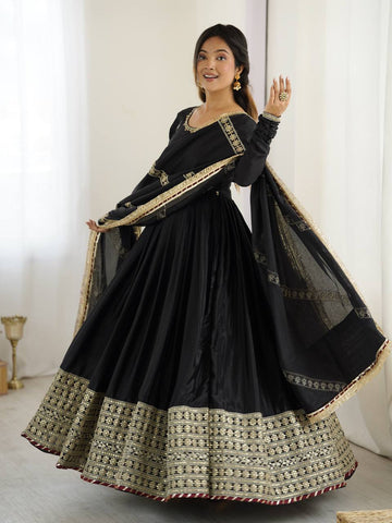 Function Wear Black Soft Chinon Silk Beautiful Thread Embroidery With Sequin Work Designer Gown