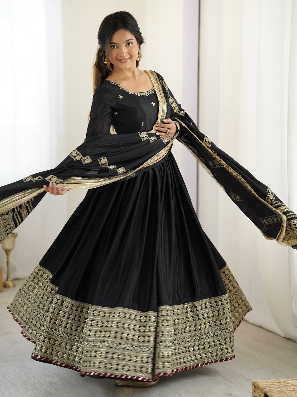 Function Wear Black Soft Chinon Silk Beautiful Thread Embroidery With Sequin Work Designer Gown