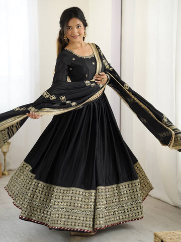 Function Wear Black Soft Chinon Silk Beautiful Thread Embroidery With Sequin Work Designer Gown