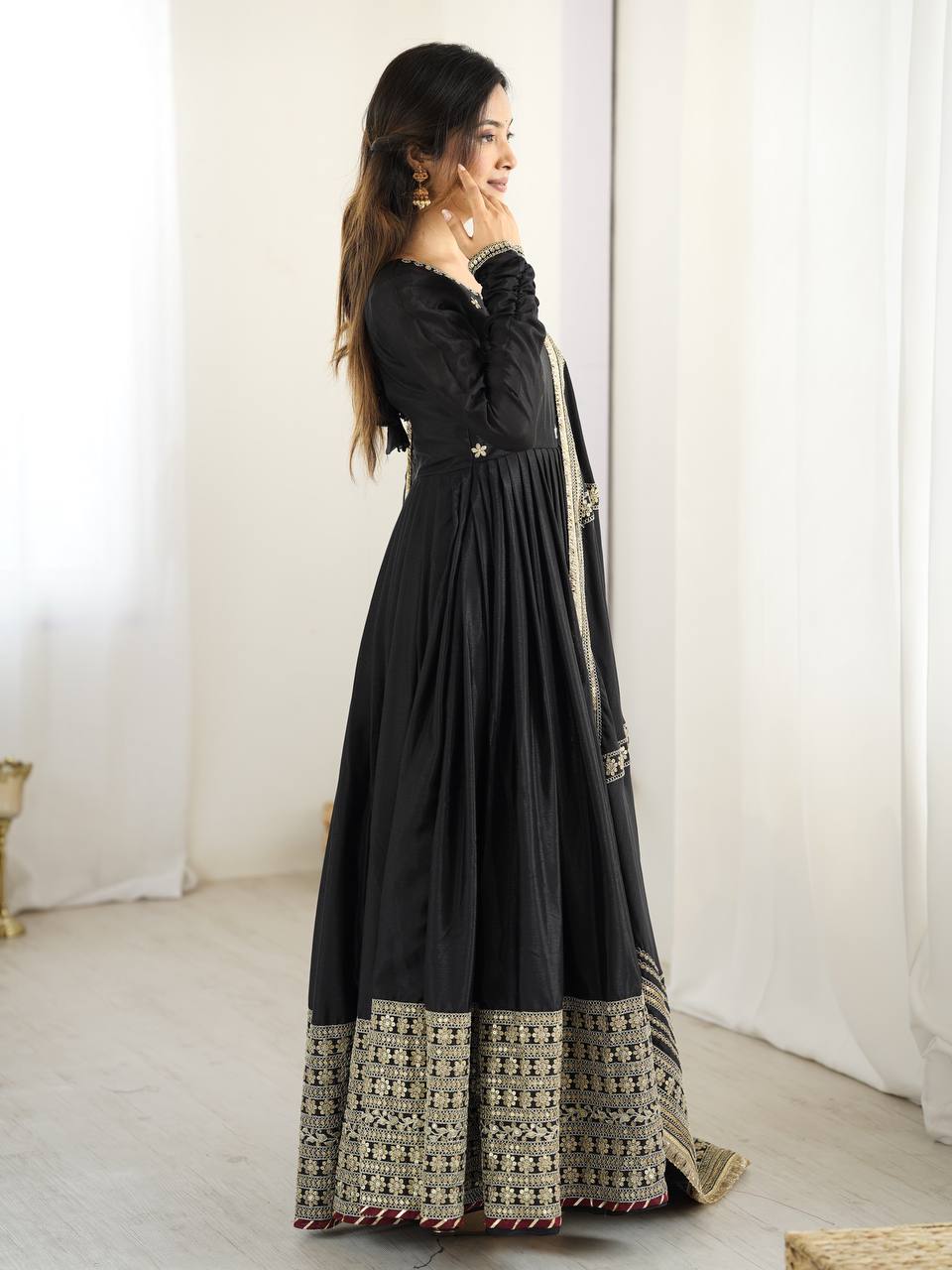 Function Wear Black Soft Chinon Silk Beautiful Thread Embroidery With Sequin Work Designer Gown