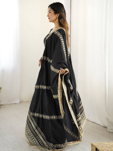 Function Wear Black Soft Chinon Silk Beautiful Thread Embroidery With Sequin Work Designer Gown