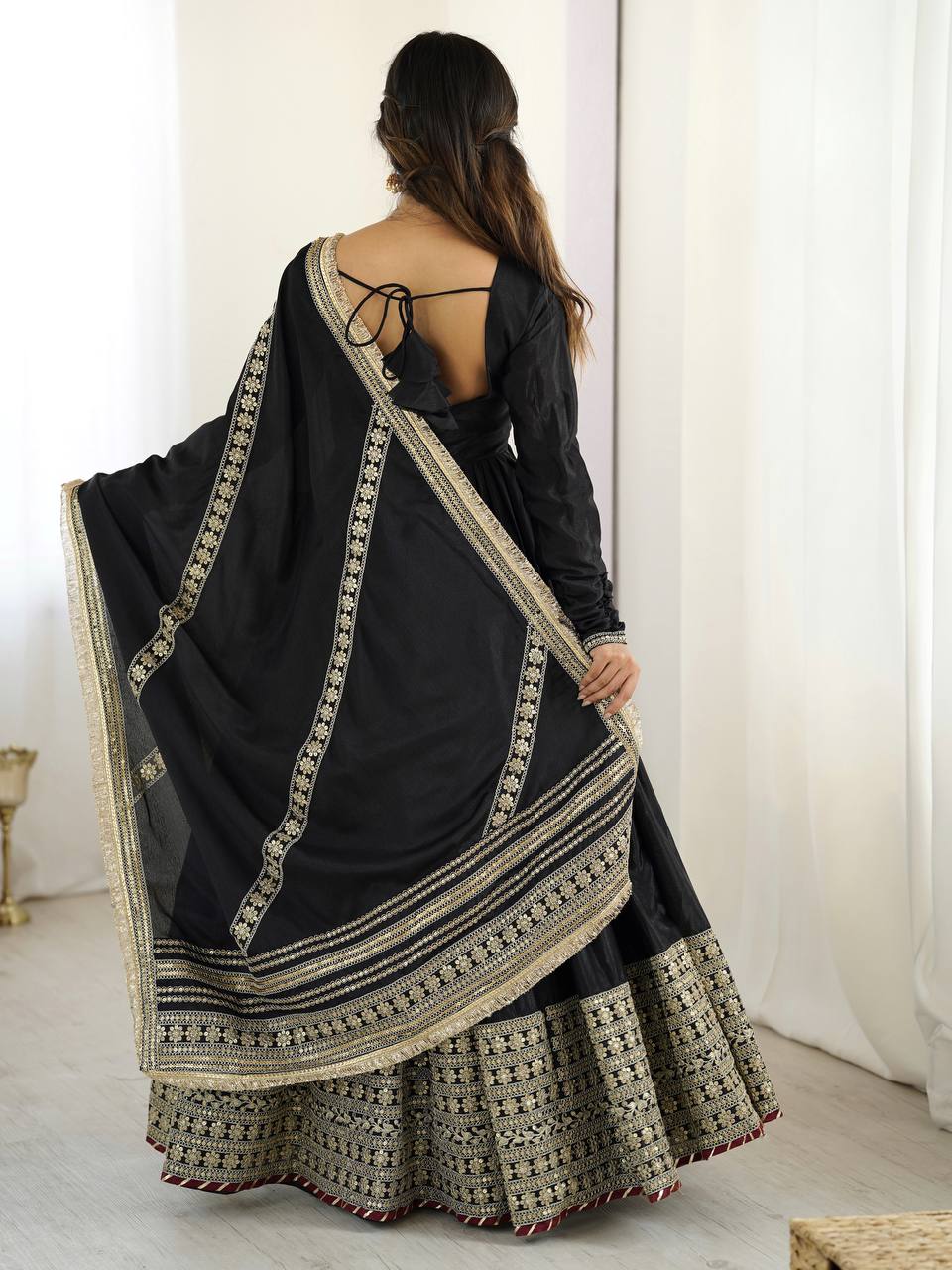 Function Wear Black Soft Chinon Silk Beautiful Thread Embroidery With Sequin Work Designer Gown