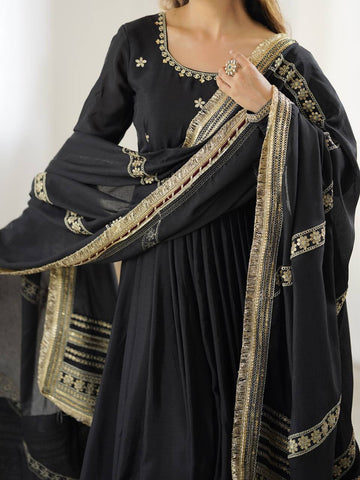 Function Wear Black Soft Chinon Silk Beautiful Thread Embroidery With Sequin Work Designer Gown