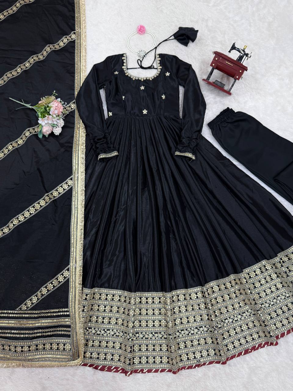Function Wear Black Soft Chinon Silk Beautiful Thread Embroidery With Sequin Work Designer Gown