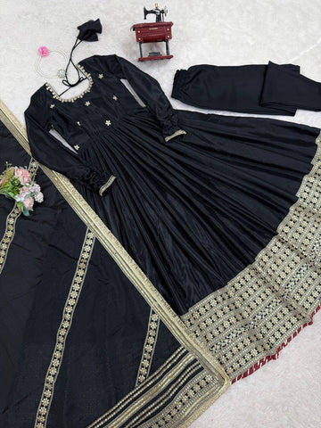 Function Wear Black Soft Chinon Silk Beautiful Thread Embroidery With Sequin Work Designer Gown