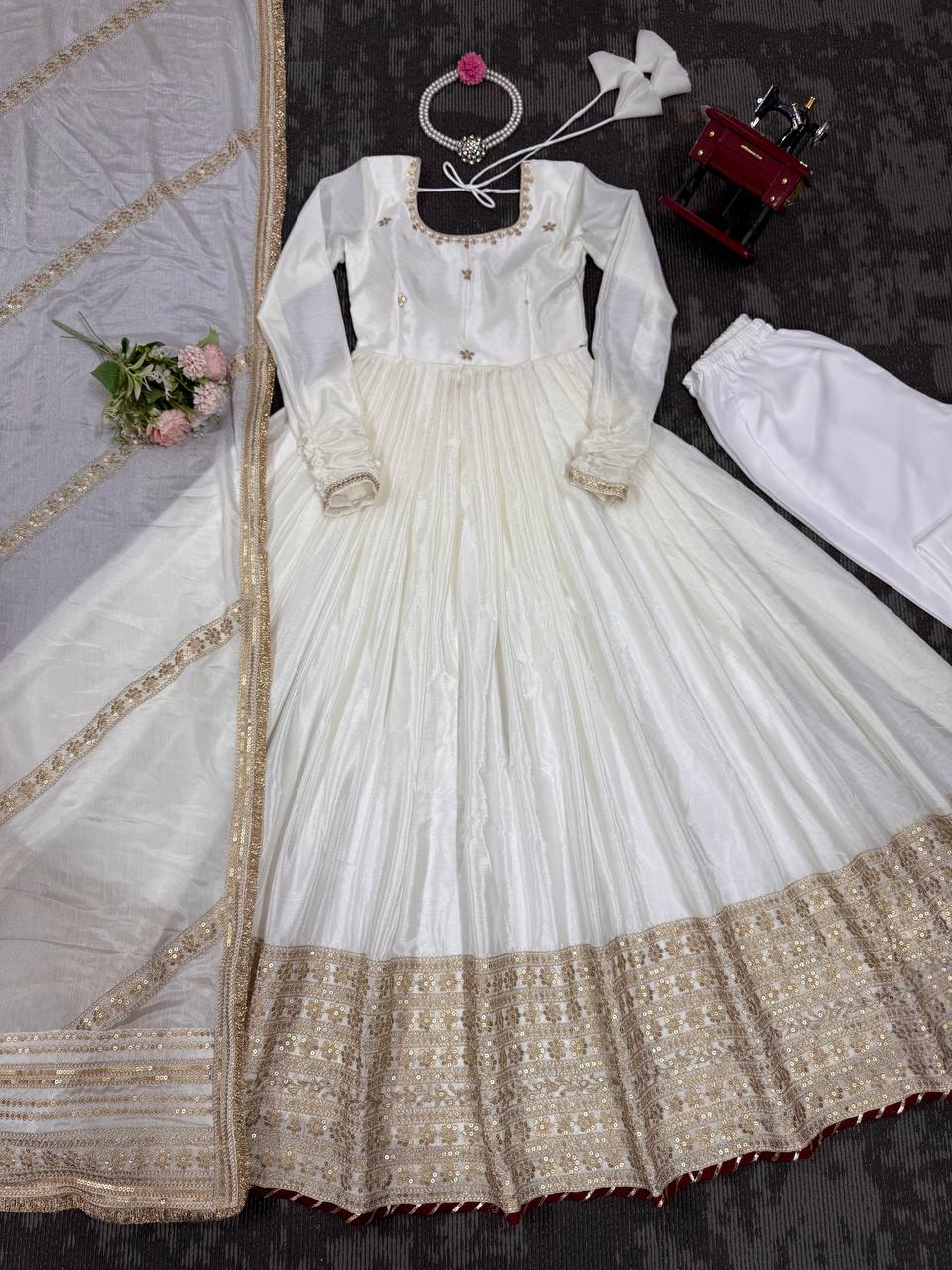 Function Wear Off White Soft Chinon Silk Beautiful Thread Embroidery With Sequin Work Designer Gown