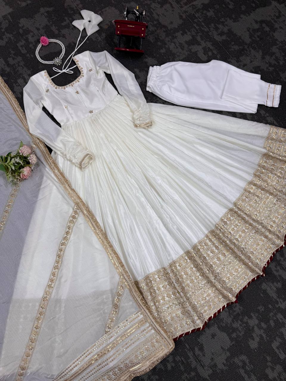 Function Wear Off White Soft Chinon Silk Beautiful Thread Embroidery With Sequin Work Designer Gown