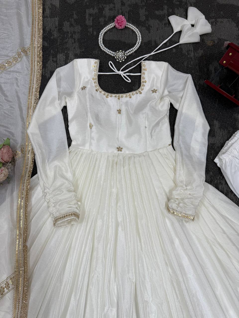Function Wear Off White Soft Chinon Silk Beautiful Thread Embroidery With Sequin Work Designer Gown