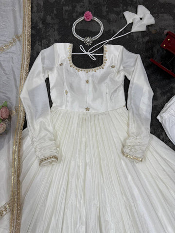 Function Wear Off White Soft Chinon Silk Beautiful Thread Embroidery With Sequin Work Designer Gown