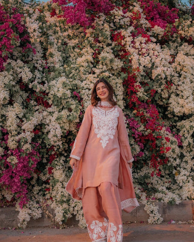 Designer Peach Color Embroidery Work Beautiful Palazzo Suit