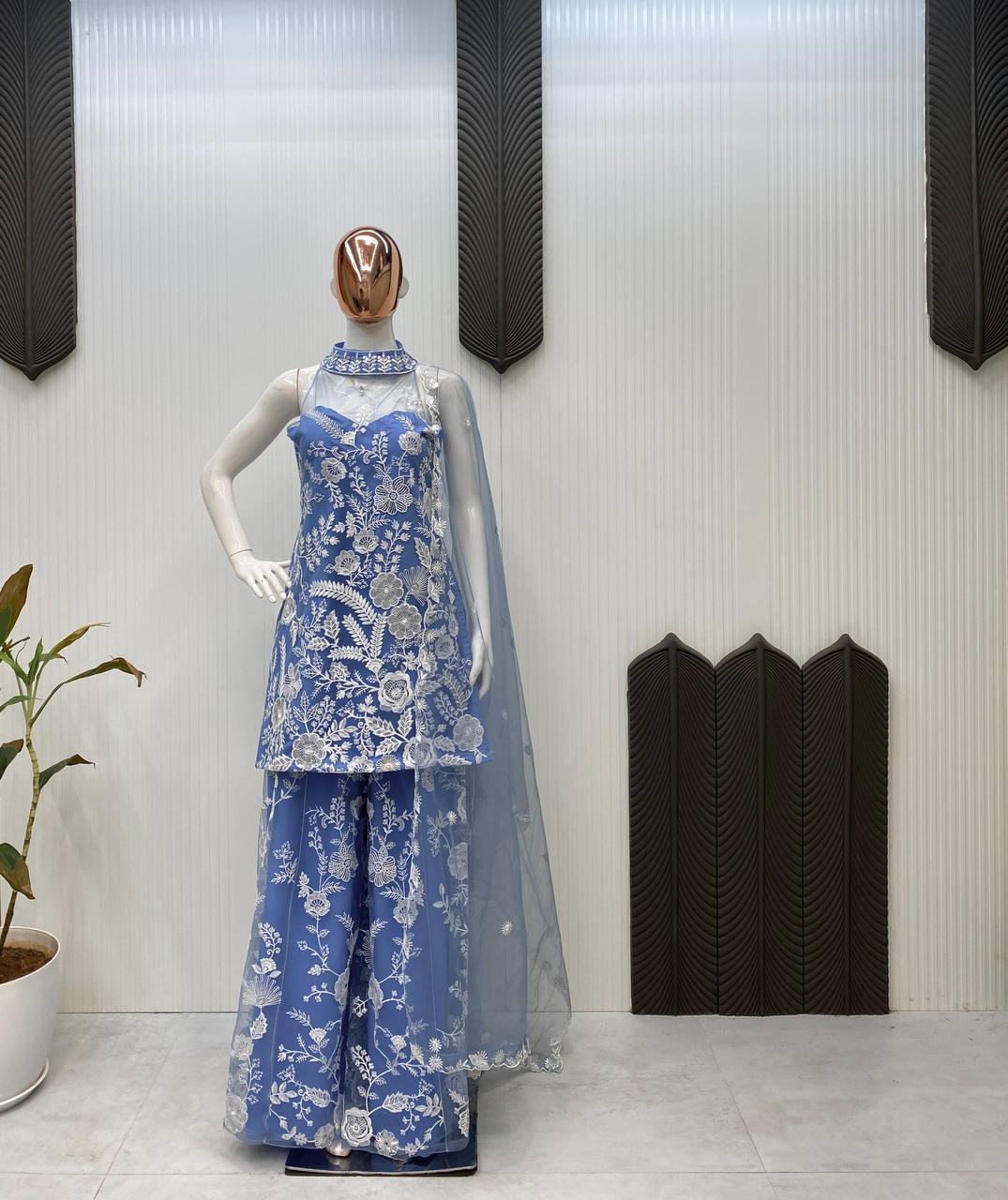 Party Wear Sky Blue Color Butterfly Net Sequence Embroidery Work Palazzo Suit