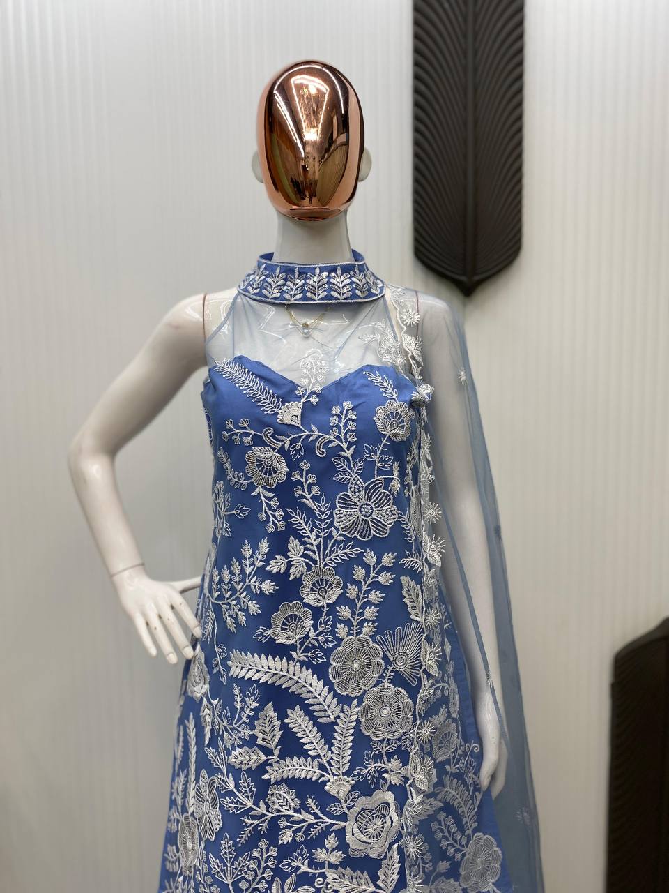 Party Wear Sky Blue Color Butterfly Net Sequence Embroidery Work Palazzo Suit