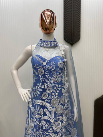 Party Wear Sky Blue Color Butterfly Net Sequence Embroidery Work Palazzo Suit