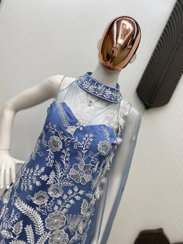 Party Wear Sky Blue Color Butterfly Net Sequence Embroidery Work Palazzo Suit