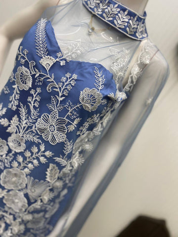 Party Wear Sky Blue Color Butterfly Net Sequence Embroidery Work Palazzo Suit