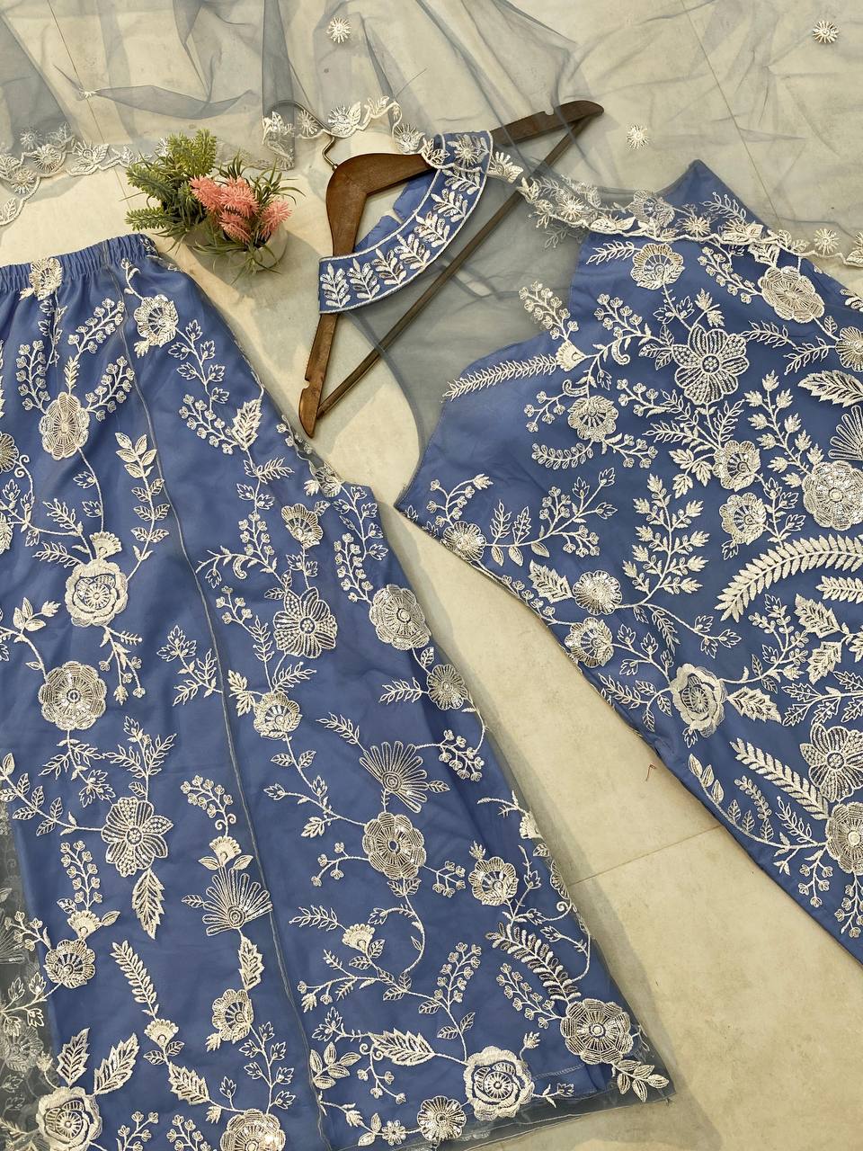 Party Wear Sky Blue Color Butterfly Net Sequence Embroidery Work Palazzo Suit
