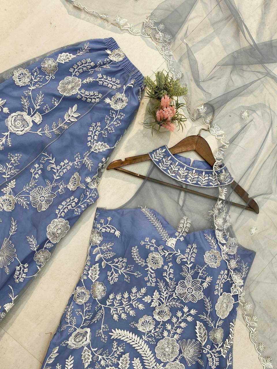 Party Wear Sky Blue Color Butterfly Net Sequence Embroidery Work Palazzo Suit