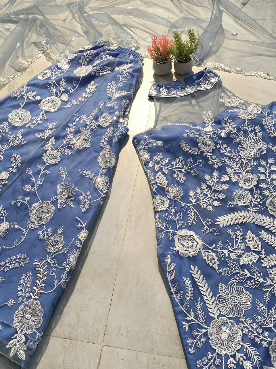 Party Wear Sky Blue Color Butterfly Net Sequence Embroidery Work Palazzo Suit