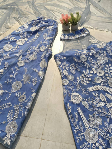 Party Wear Sky Blue Color Butterfly Net Sequence Embroidery Work Palazzo Suit