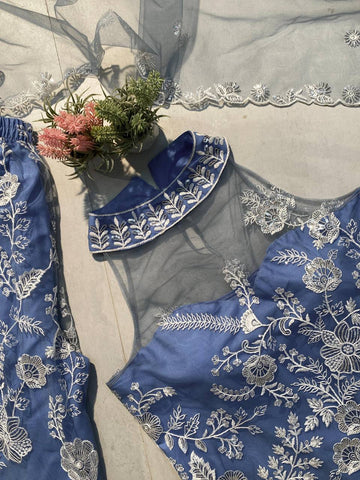 Party Wear Sky Blue Color Butterfly Net Sequence Embroidery Work Palazzo Suit