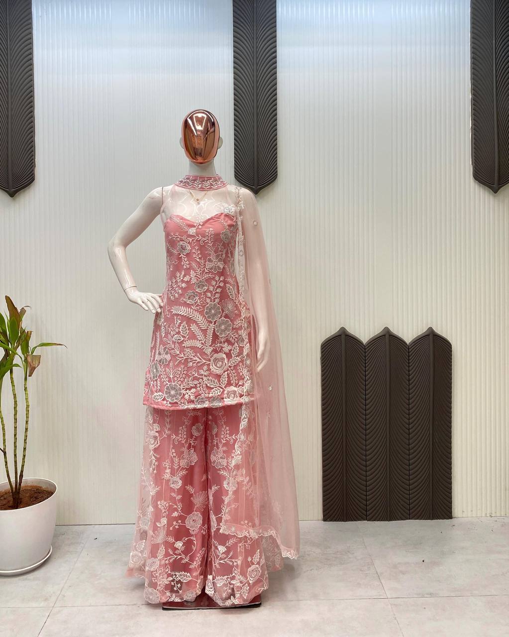 Party Wear Peach Color Butterfly Net Sequence Embroidery Work Palazzo Suit