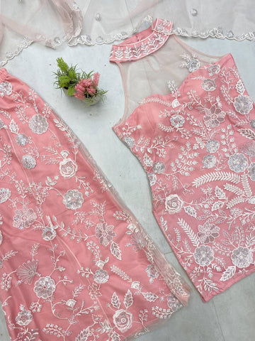 Party Wear Peach Color Butterfly Net Sequence Embroidery Work Palazzo Suit
