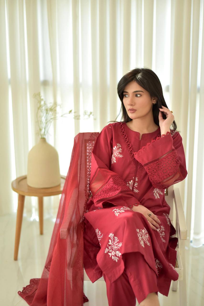 Function Wear Red Color Roman Silk With Embroidery Work Salwar Suit