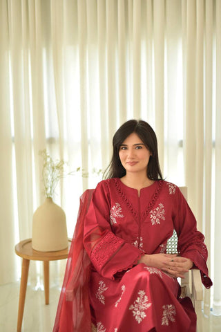 Function Wear Red Color Roman Silk With Embroidery Work Salwar Suit