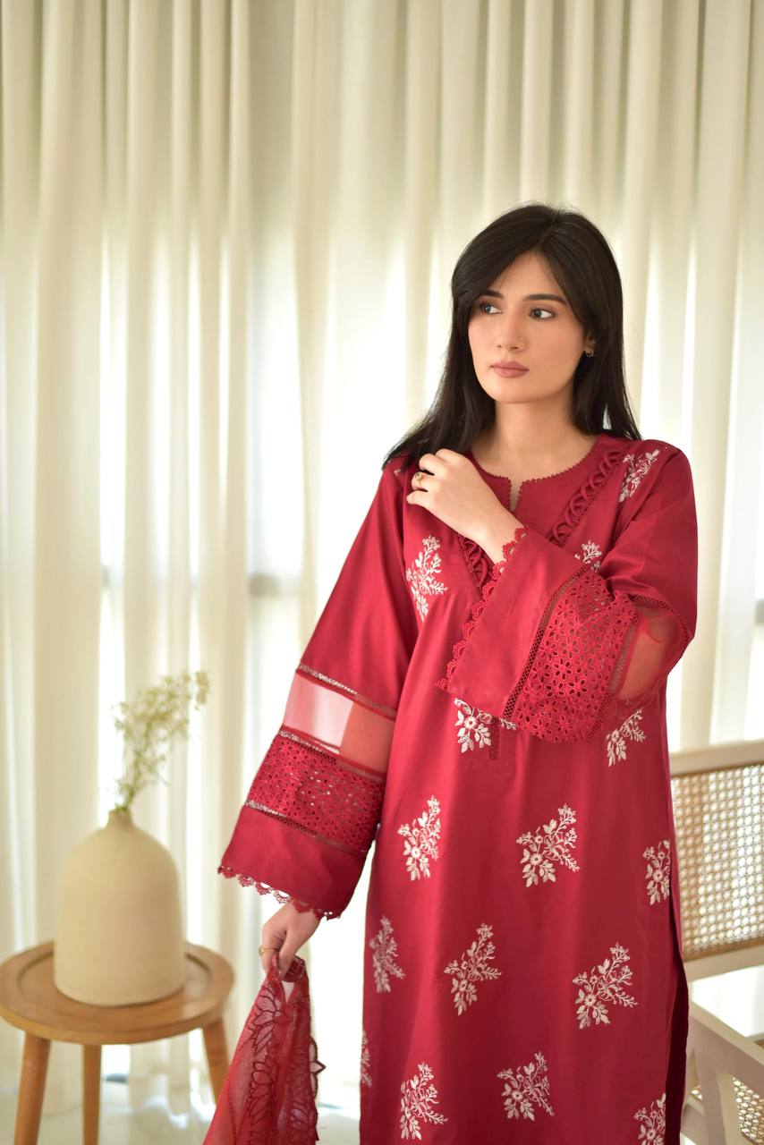 Function Wear Red Color Roman Silk With Embroidery Work Salwar Suit