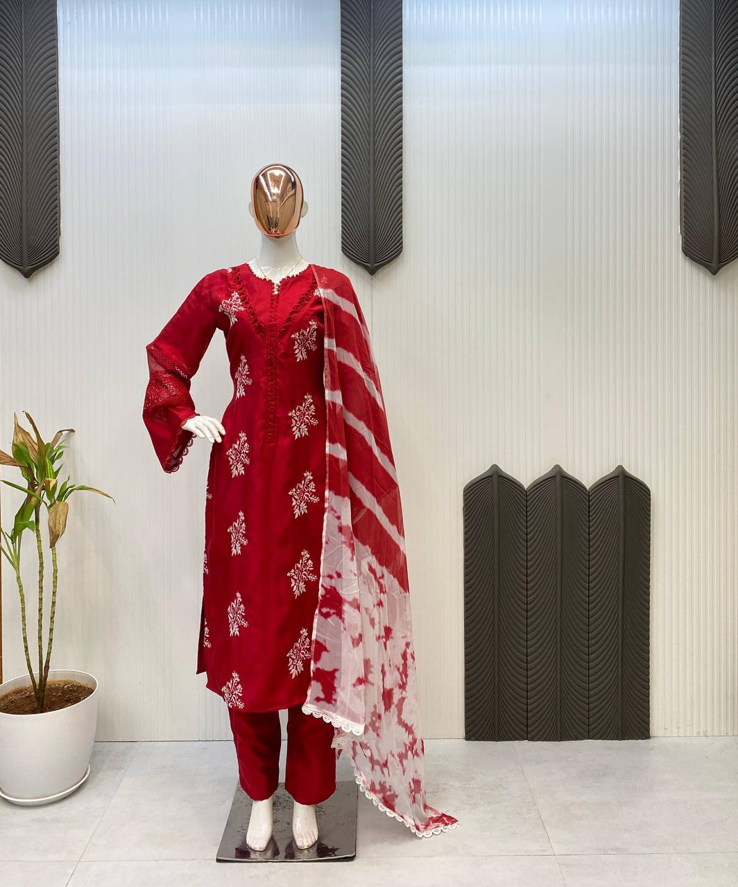 Function Wear Red Color Roman Silk With Embroidery Work Salwar Suit