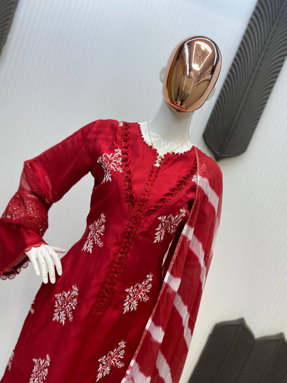 Function Wear Red Color Roman Silk With Embroidery Work Salwar Suit