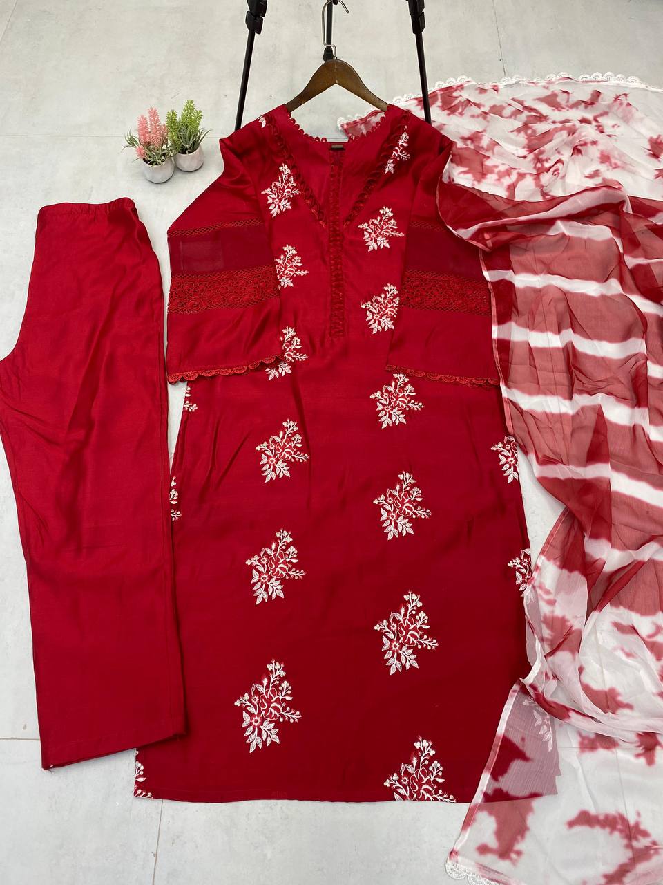 Function Wear Red Color Roman Silk With Embroidery Work Salwar Suit
