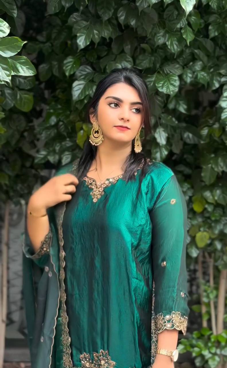 Festive Wear Green Color Pure Jimmy Choo Silk With Heavy Embroidery Sequence Work Palazzo Suit