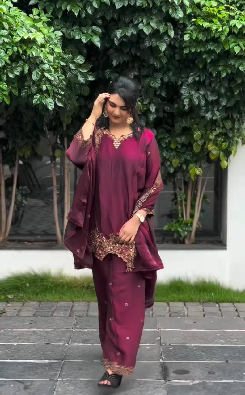 Wedding Wear Wine Color Pure Jimmy Choo Silk With Heavy Embroidery Sequence Work Palazzo Suit