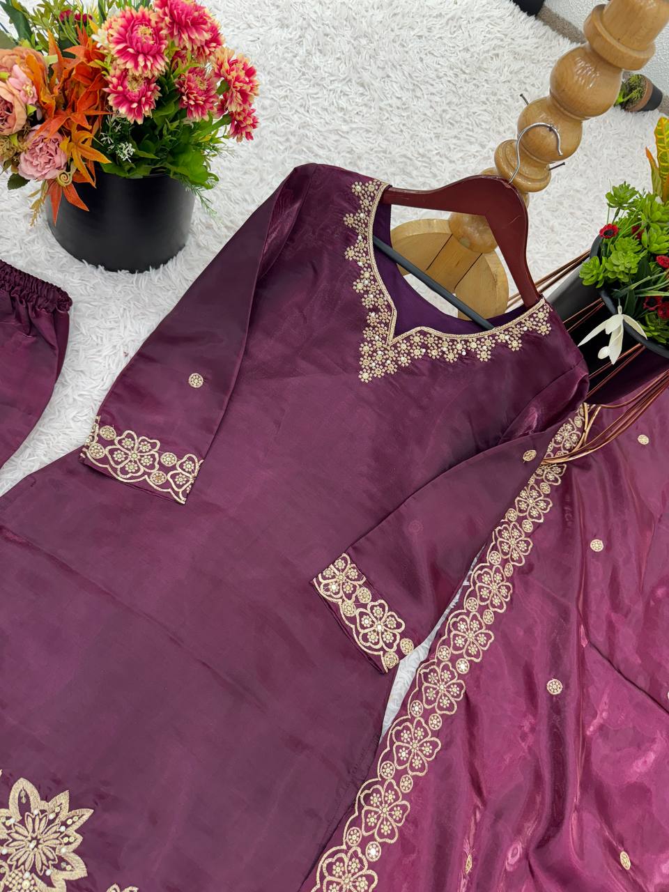 Wedding Wear Wine Color Pure Jimmy Choo Silk With Heavy Embroidery Sequence Work Palazzo Suit