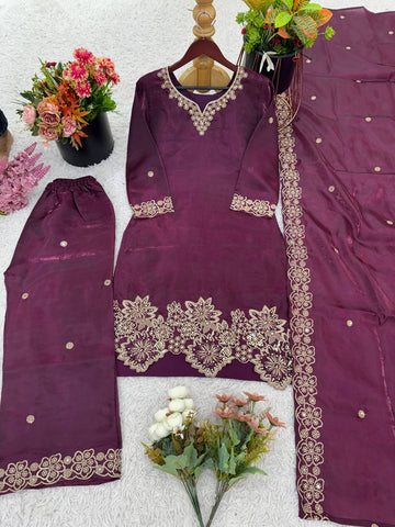 Wedding Wear Wine Color Pure Jimmy Choo Silk With Heavy Embroidery Sequence Work Palazzo Suit
