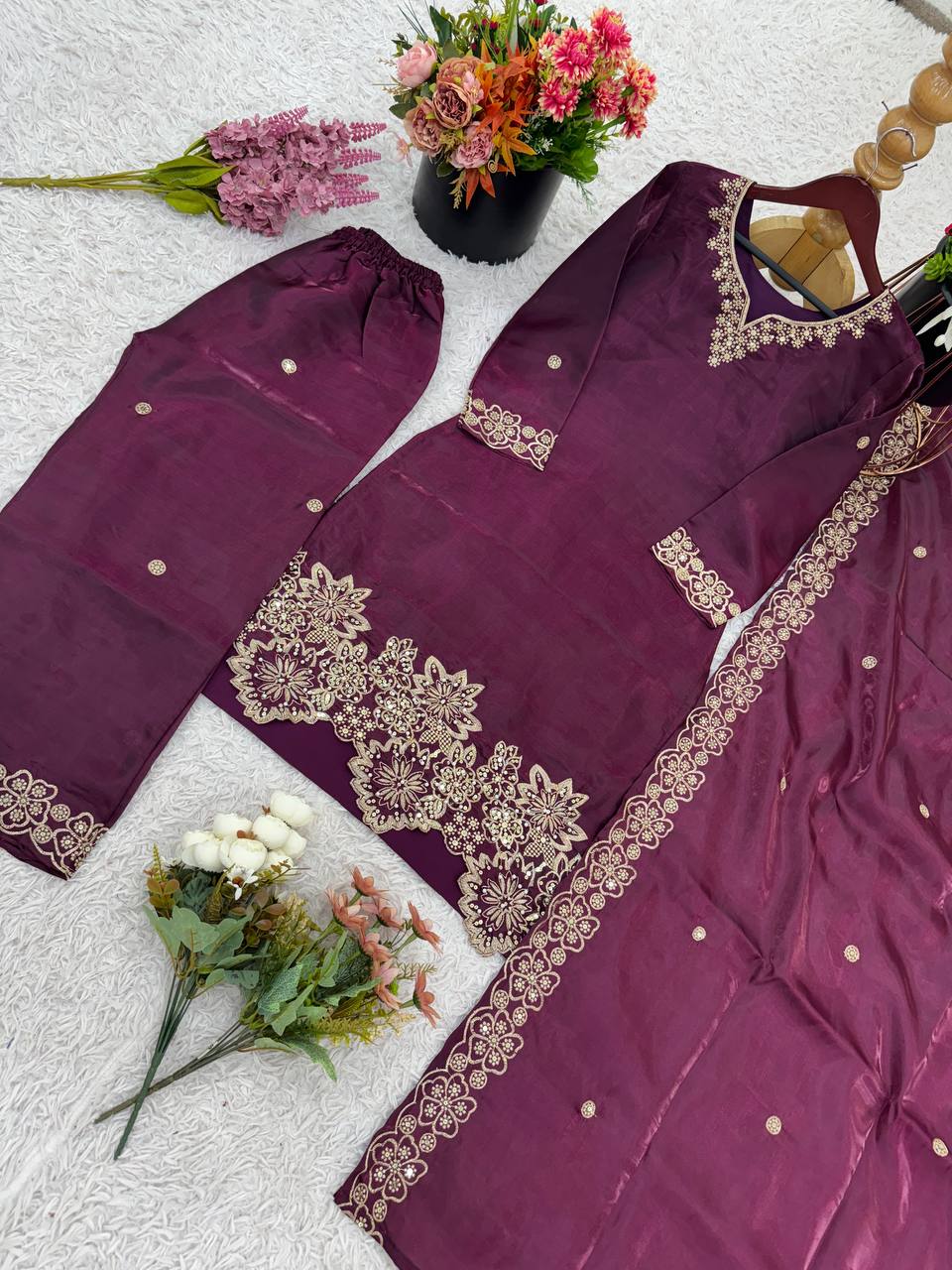 Wedding Wear Wine Color Pure Jimmy Choo Silk With Heavy Embroidery Sequence Work Palazzo Suit