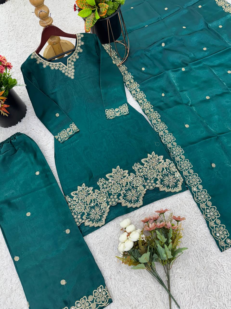 Festive Wear Green Color Pure Jimmy Choo Silk With Heavy Embroidery Sequence Work Palazzo Suit