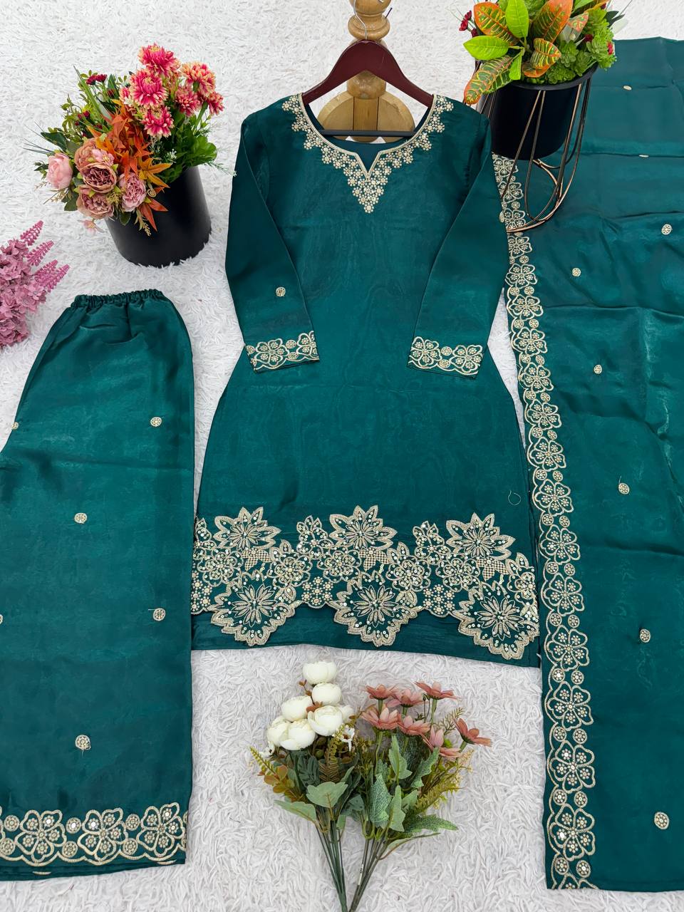 Festive Wear Green Color Pure Jimmy Choo Silk With Heavy Embroidery Sequence Work Palazzo Suit