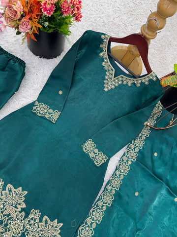 Festive Wear Green Color Pure Jimmy Choo Silk With Heavy Embroidery Sequence Work Palazzo Suit