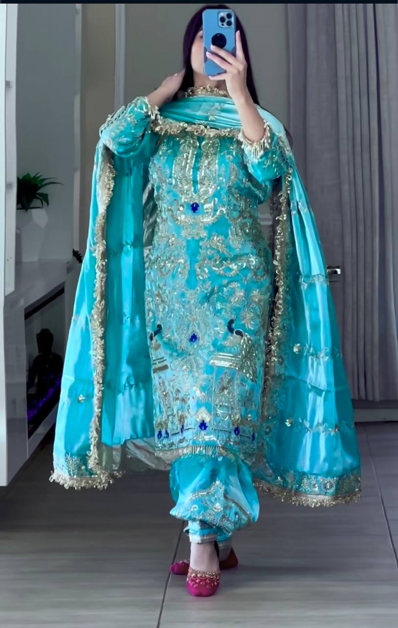 Beautiful Designer Sky Blue Color Natural Crepe With Heavy Embroidery Sequence Work Dhoti Suit