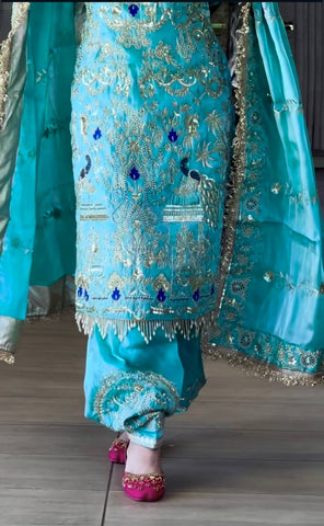 Beautiful Designer Sky Blue Color Natural Crepe With Heavy Embroidery Sequence Work Dhoti Suit