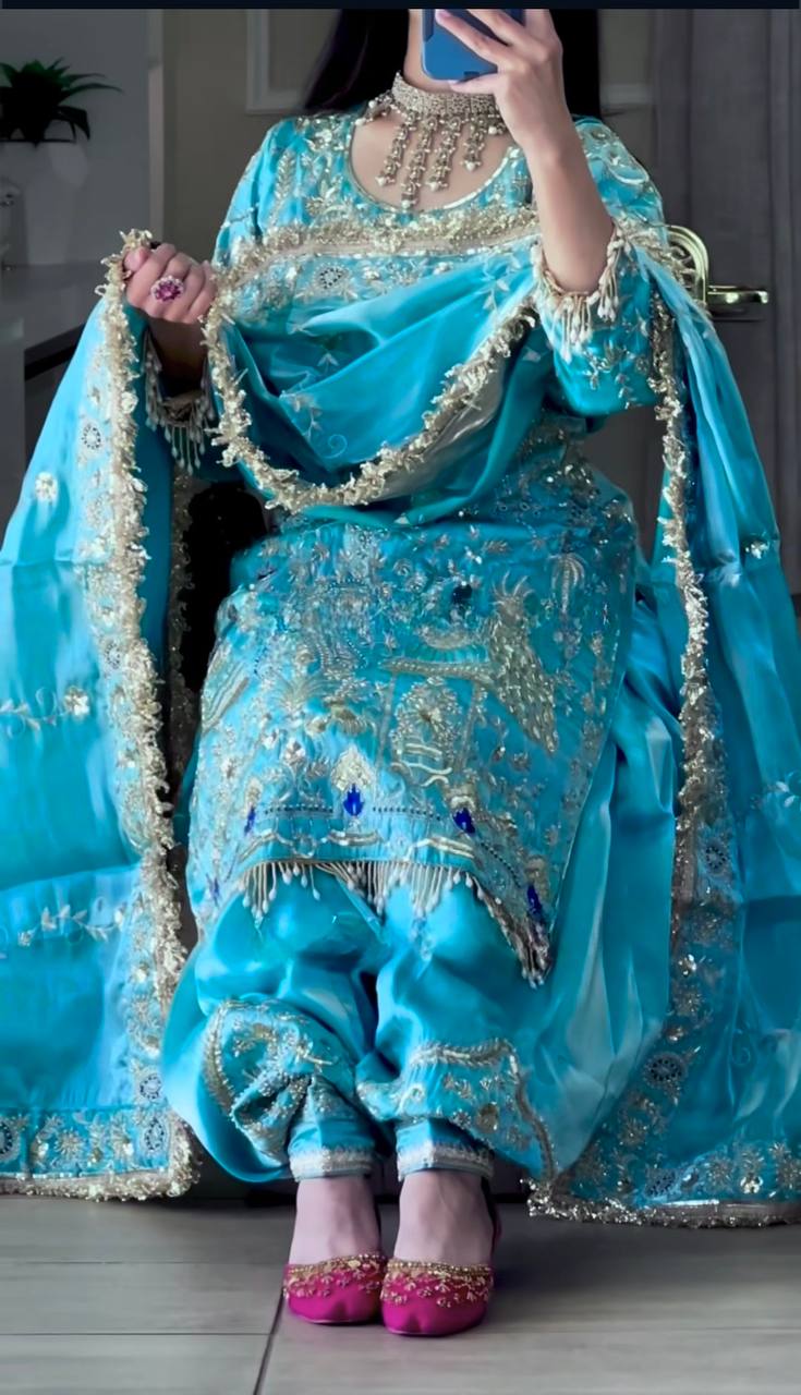 Beautiful Designer Sky Blue Color Natural Crepe With Heavy Embroidery Sequence Work Dhoti Suit