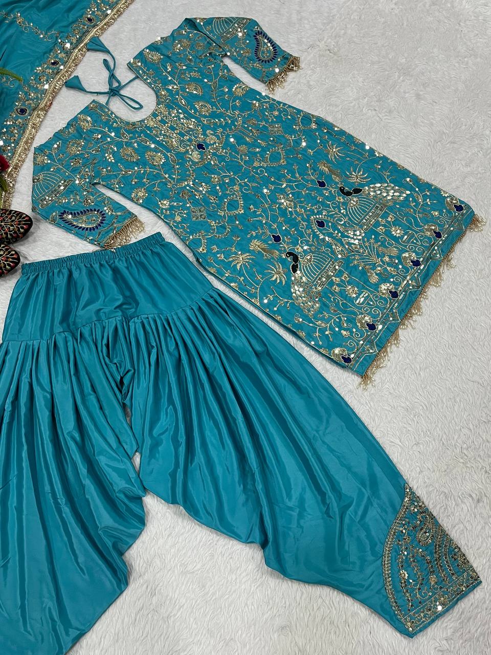 Beautiful Designer Sky Blue Color Natural Crepe With Heavy Embroidery Sequence Work Dhoti Suit
